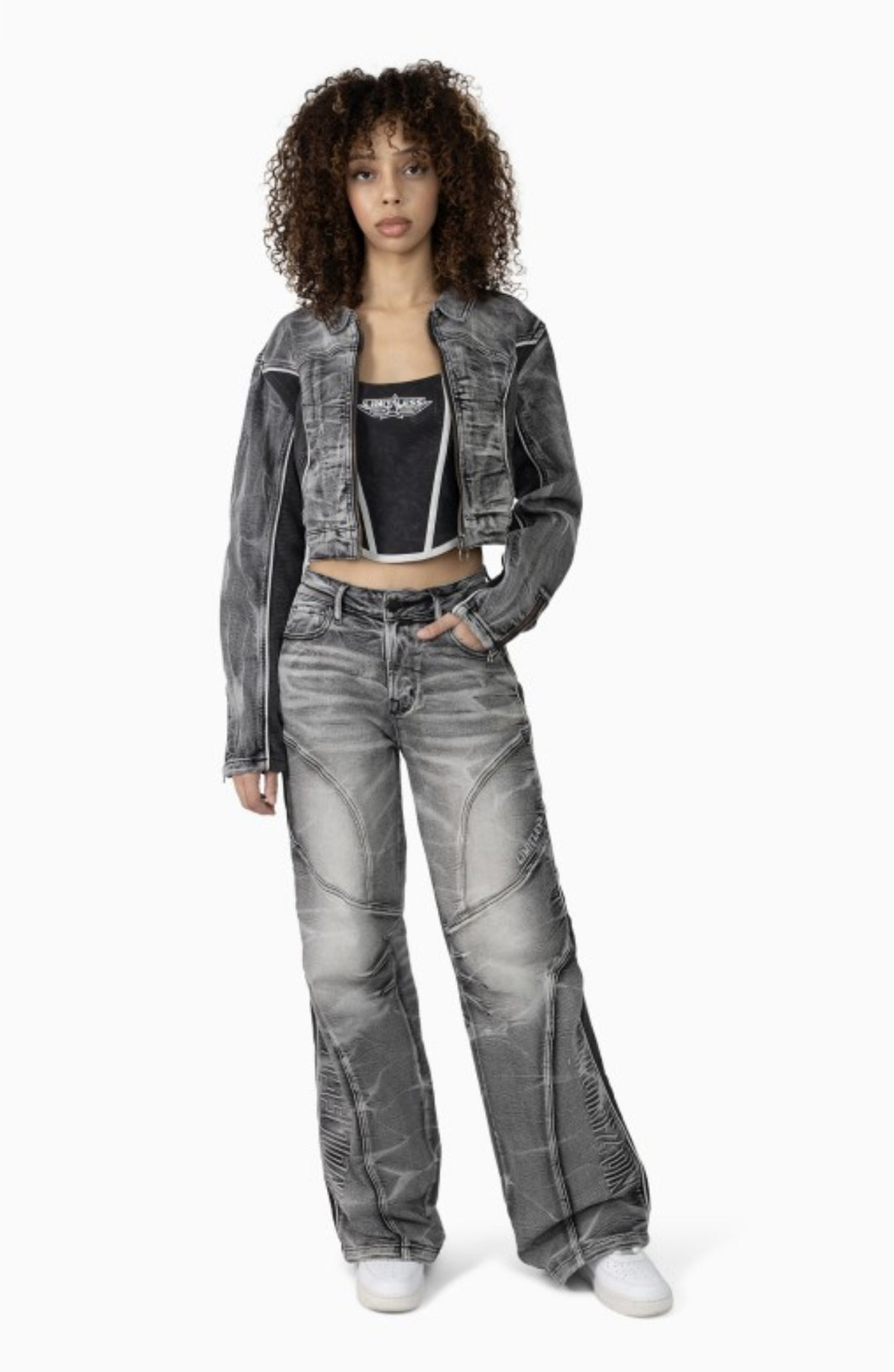 Snake Skin Bustier, Jean Trucker Jacket And High Rise Wide Leg Set