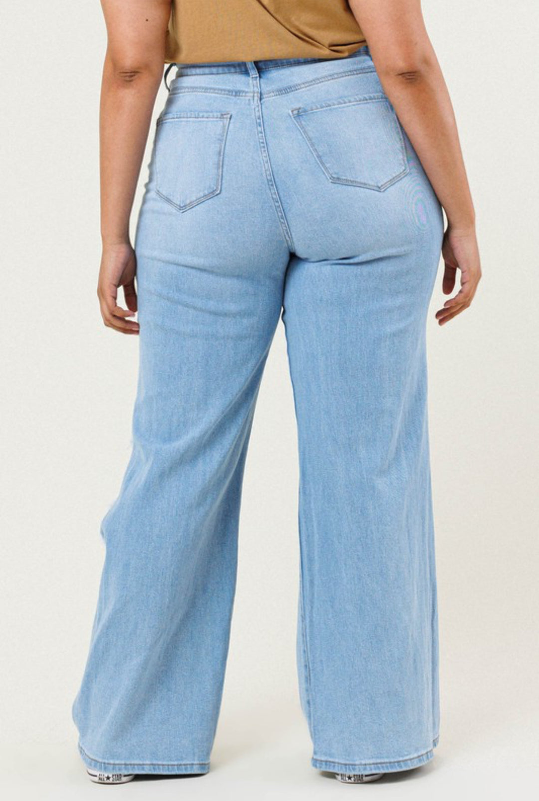 Blue high waisted distressed wide leg jeans back view