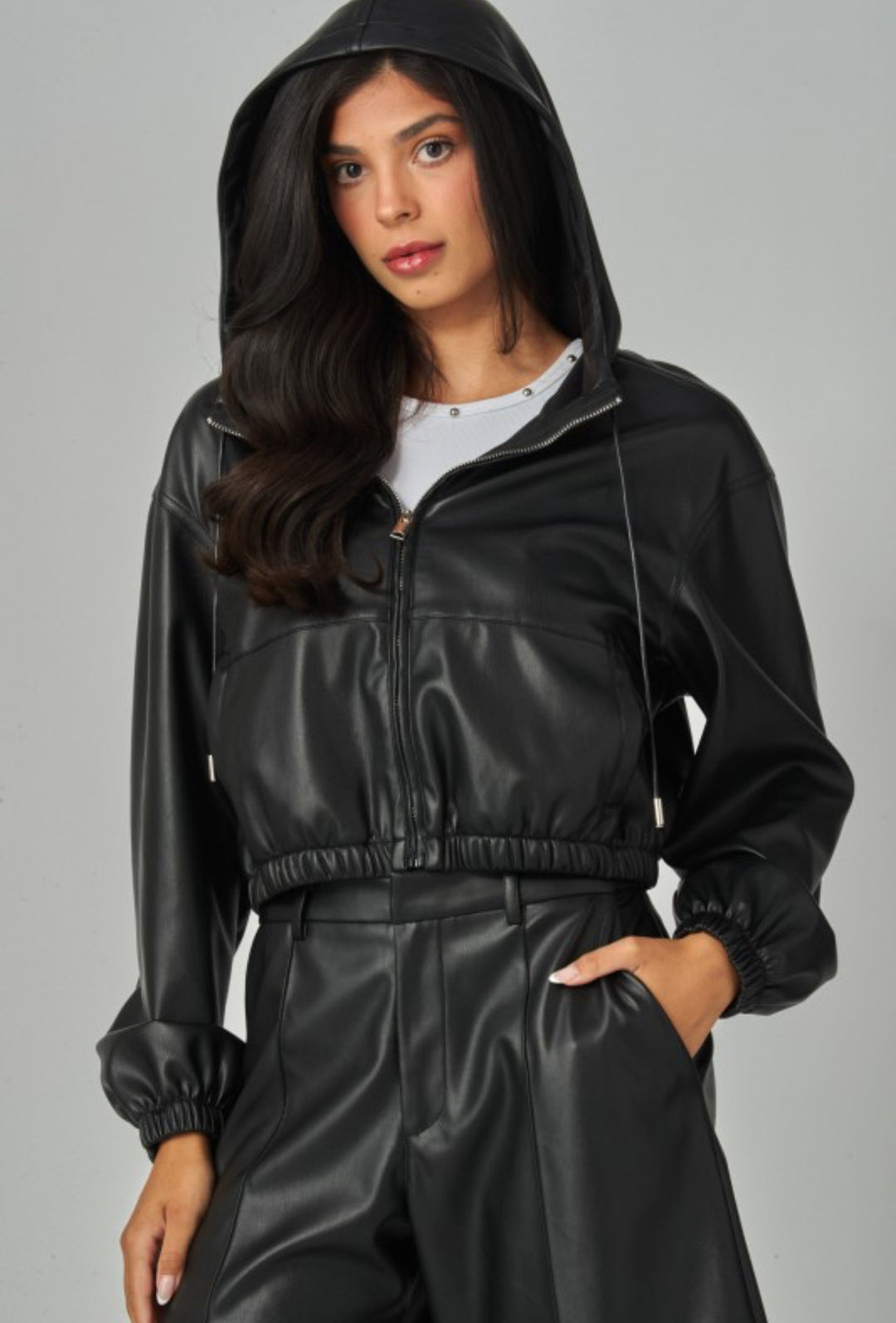 Faux Leather Hoodie Jacket