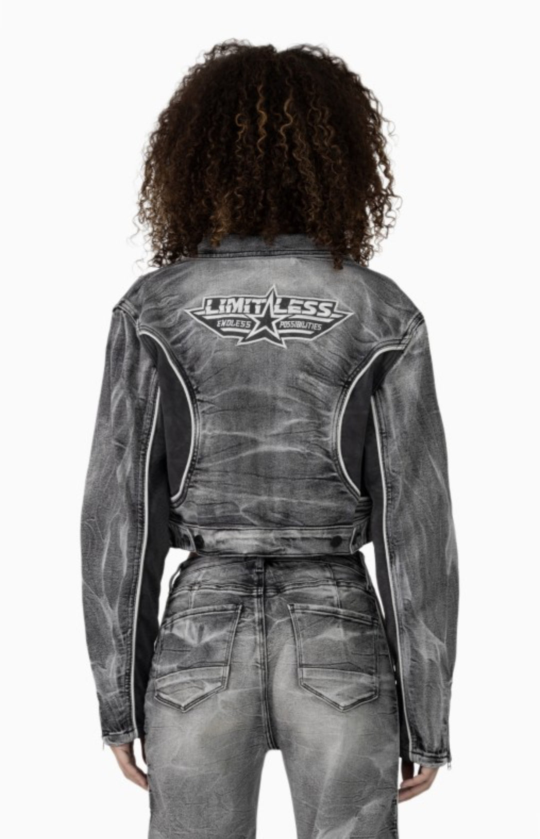 Snake Skin Bustier, Jean Trucker Jacket And High Rise Wide Leg Set