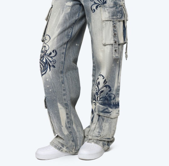 Mid Rise Embroidered Wide Leg Jeans