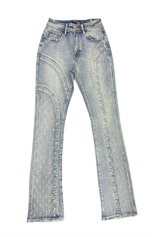 Stacked Rhinestone & Rivet Embedded Jeans
