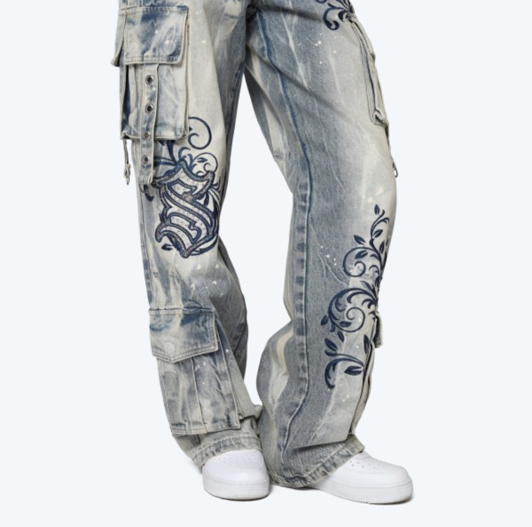 Mid Rise Embroidered Wide Leg Jeans