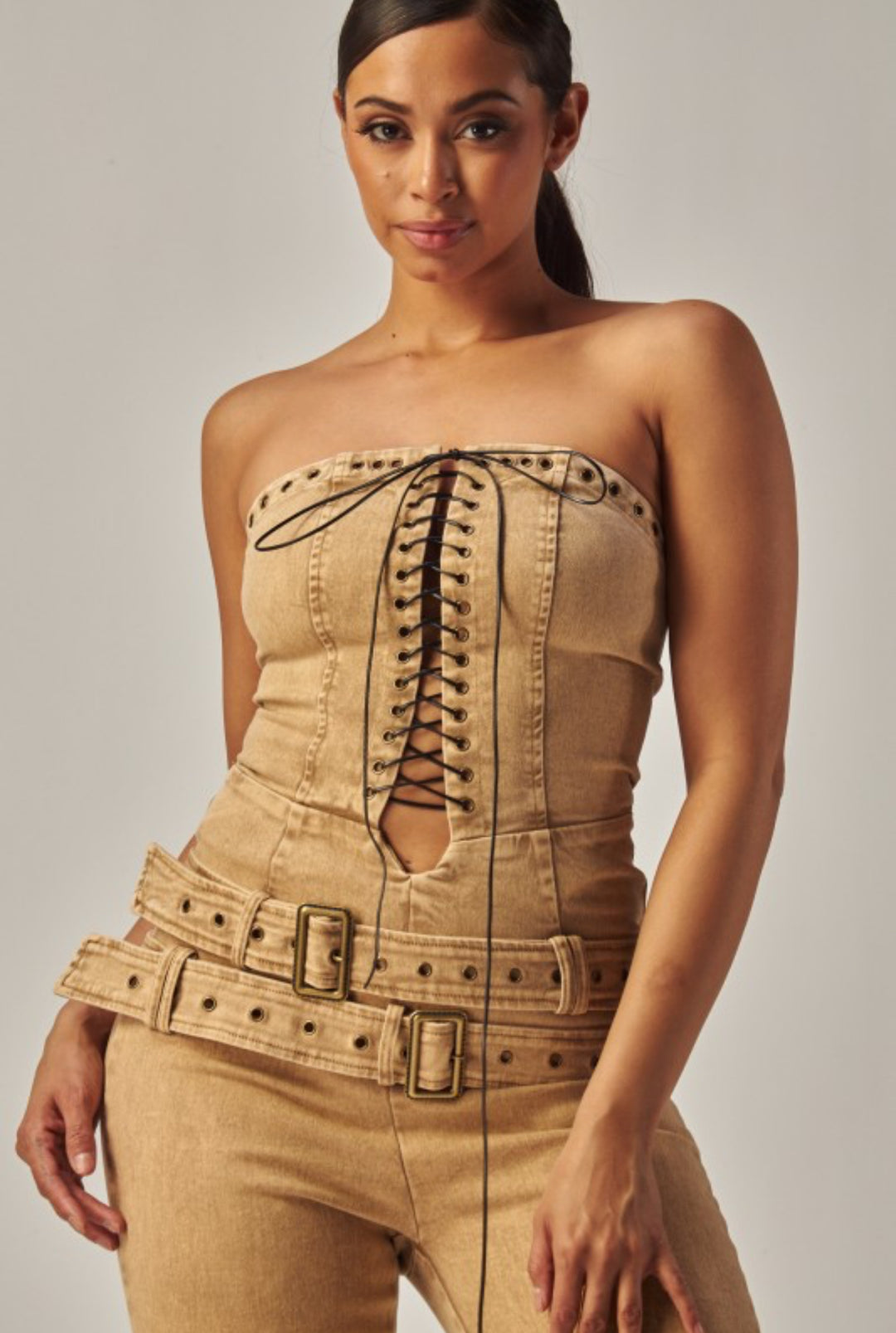 Strapless Denim Lace Up Jumpsuit