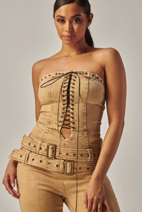 Strapless Denim Lace Up Jumpsuit