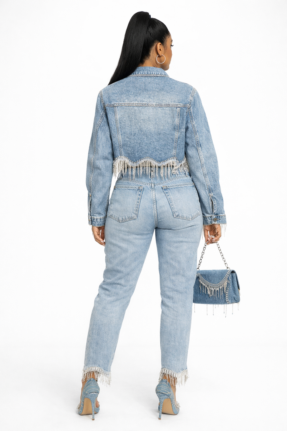 Rhinestone Scalloped  Hem Denim Jacket