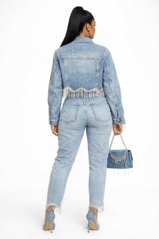 Rhinestone Scalloped  Hem Denim Jacket