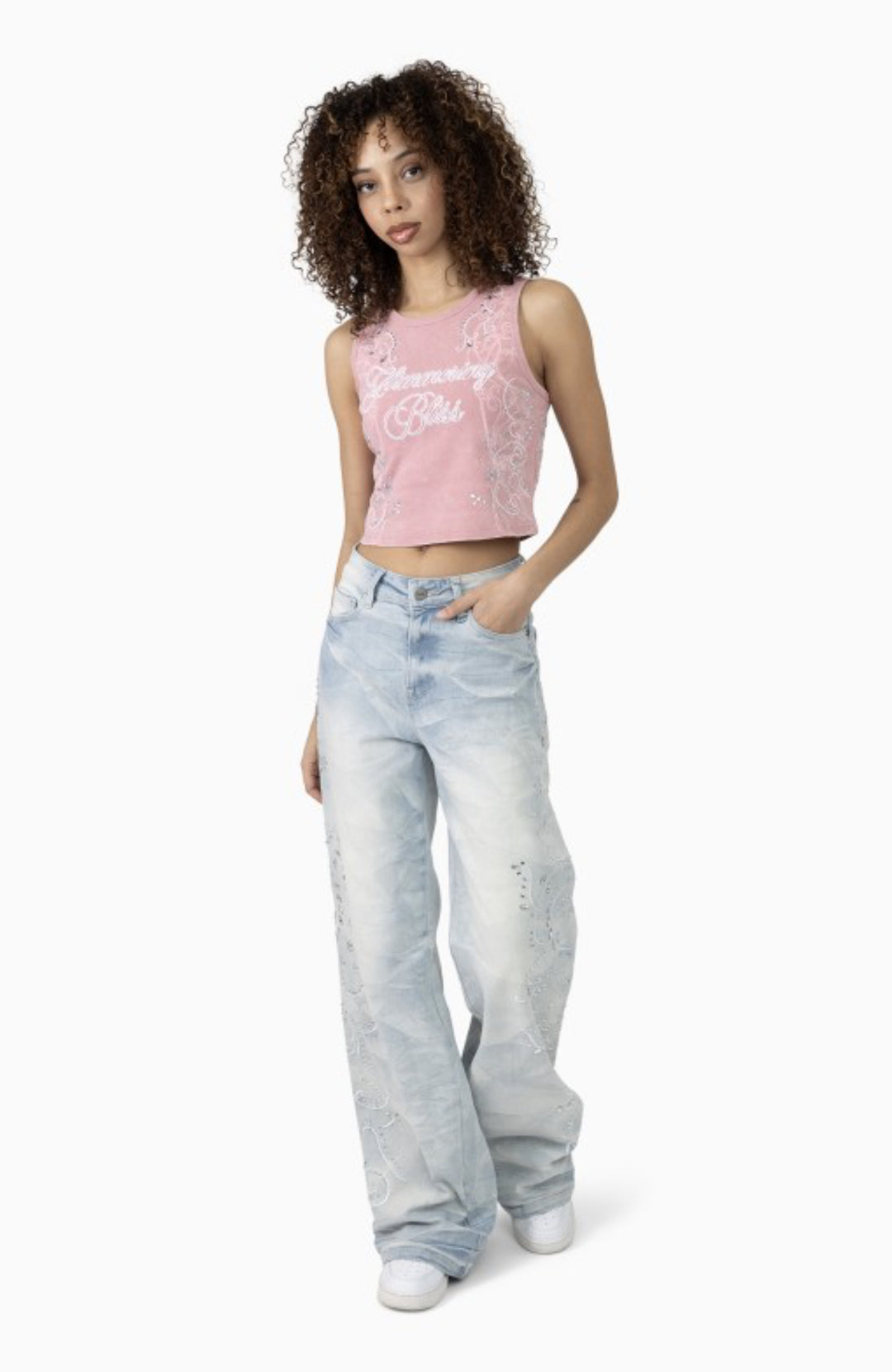 Bliss Fitted Tank and Rhinestone Mid Rise Wide Leg Jeans Set