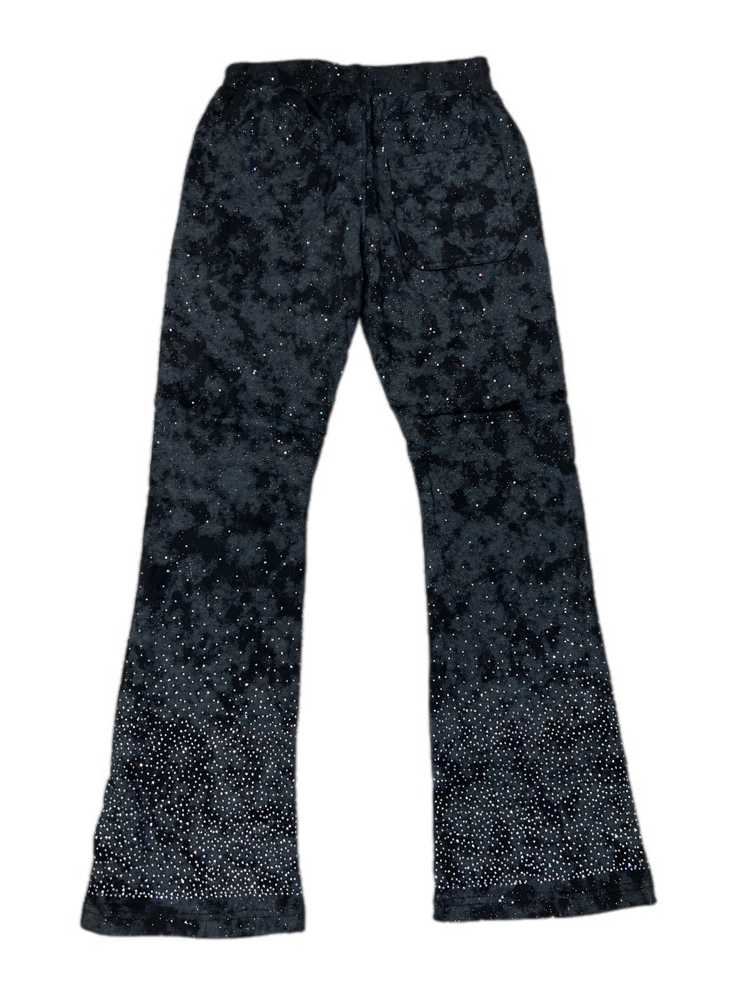 Black flared pants with a subtle pattern on a white background