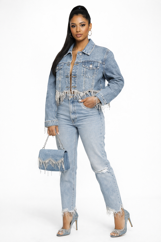 Rhinestone Scalloped  Hem Denim Jacket