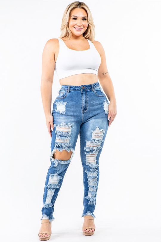 Blue distressed skinny jeans front view 