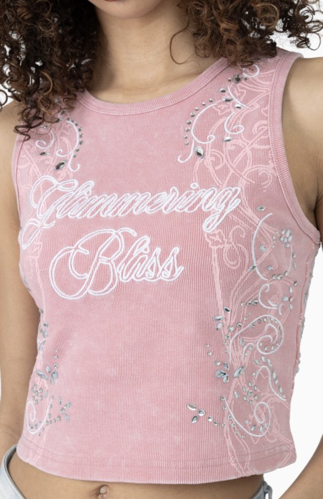Bliss Fitted Tank and Rhinestone Mid Rise Wide Leg Jeans Set