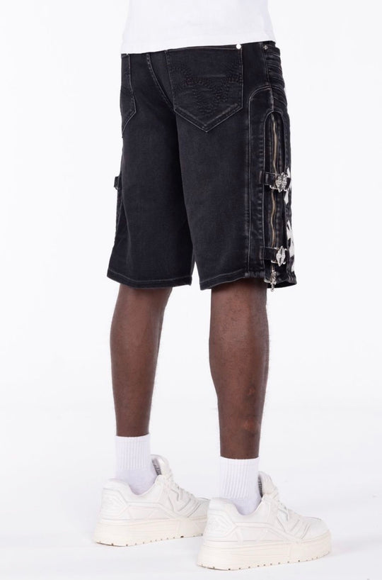 Obsidian Black Cross Buckle Jean Shorts