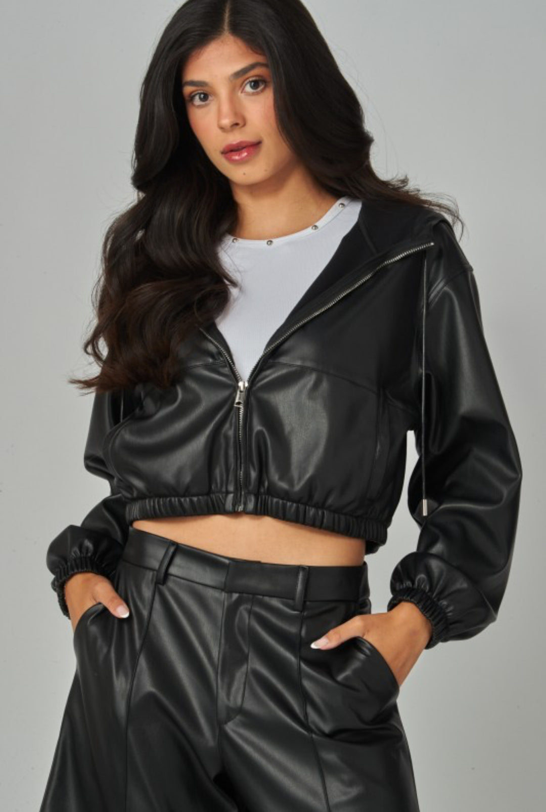 Faux Leather Hoodie Jacket