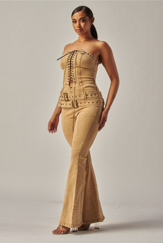 Strapless Denim Lace Up Jumpsuit
