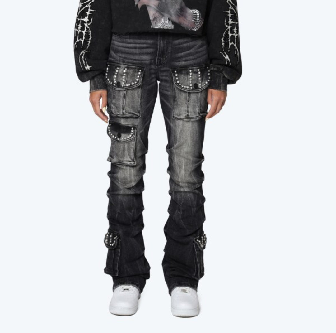 High Rise Rhinestone Stacked Jeans