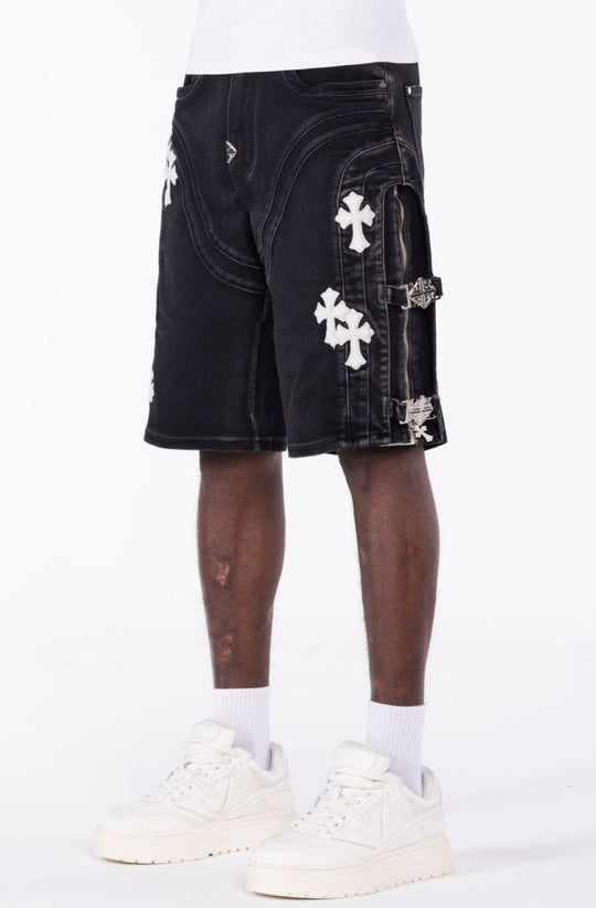 Obsidian Black Cross Buckle Jean Shorts