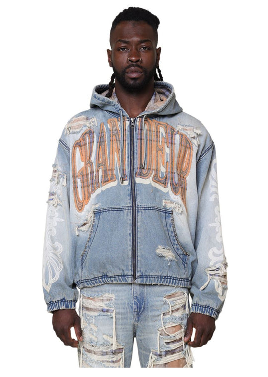 Grandeur Plaid Denim Hoodie Jacket