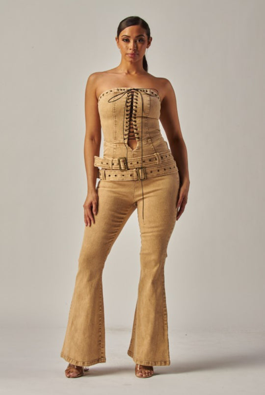 Strapless Denim Lace Up Jumpsuit