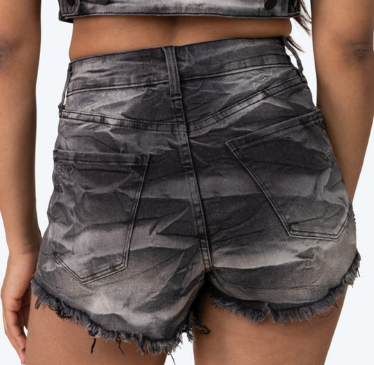 Graphic Rhinestone Embedded Denim Short Set