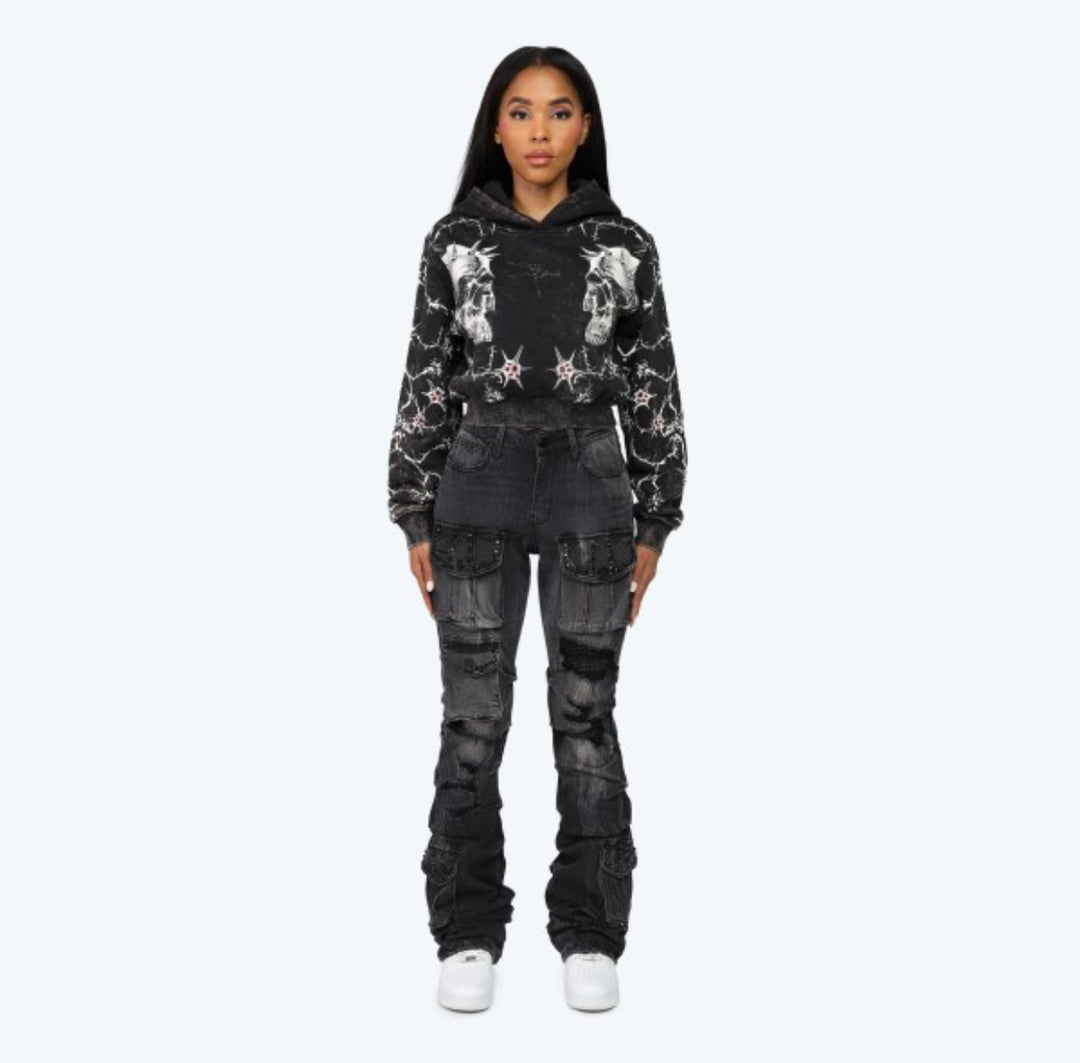 High Rise Distressed black Rhinestone Stacked Jeans