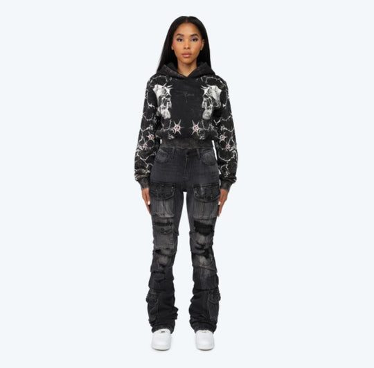 High Rise Distressed black Rhinestone Stacked Jeans