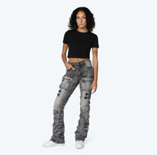 High Rise Stacked Jeans With Side Pinching