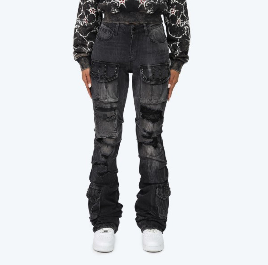 High Rise Distressed black Rhinestone Stacked Jeans