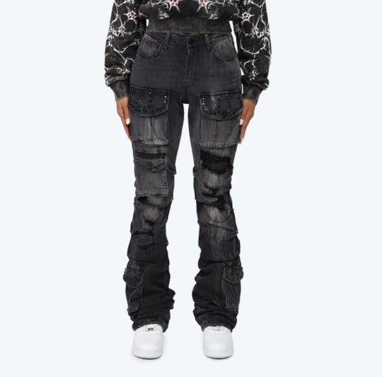 High Rise Distressed black Rhinestone Stacked Jeans