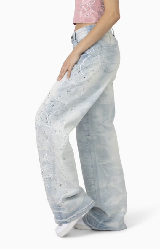 Bliss Fitted Tank and Rhinestone Mid Rise Wide Leg Jeans Set