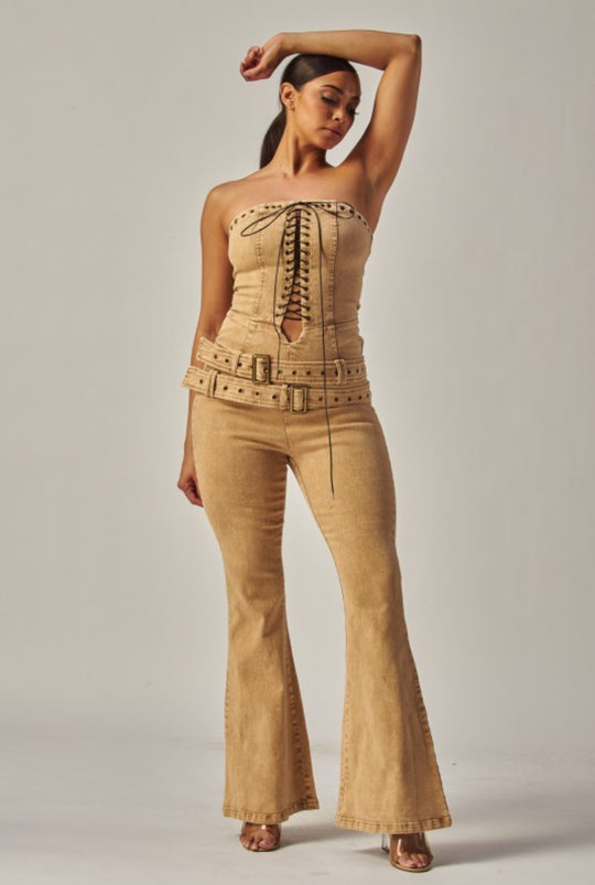 Strapless Denim Lace Up Jumpsuit