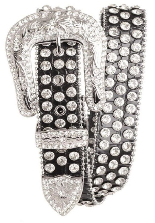 BLACK & WHITE 3 LINE RHINESTONE STUDDED LEATHER BELT