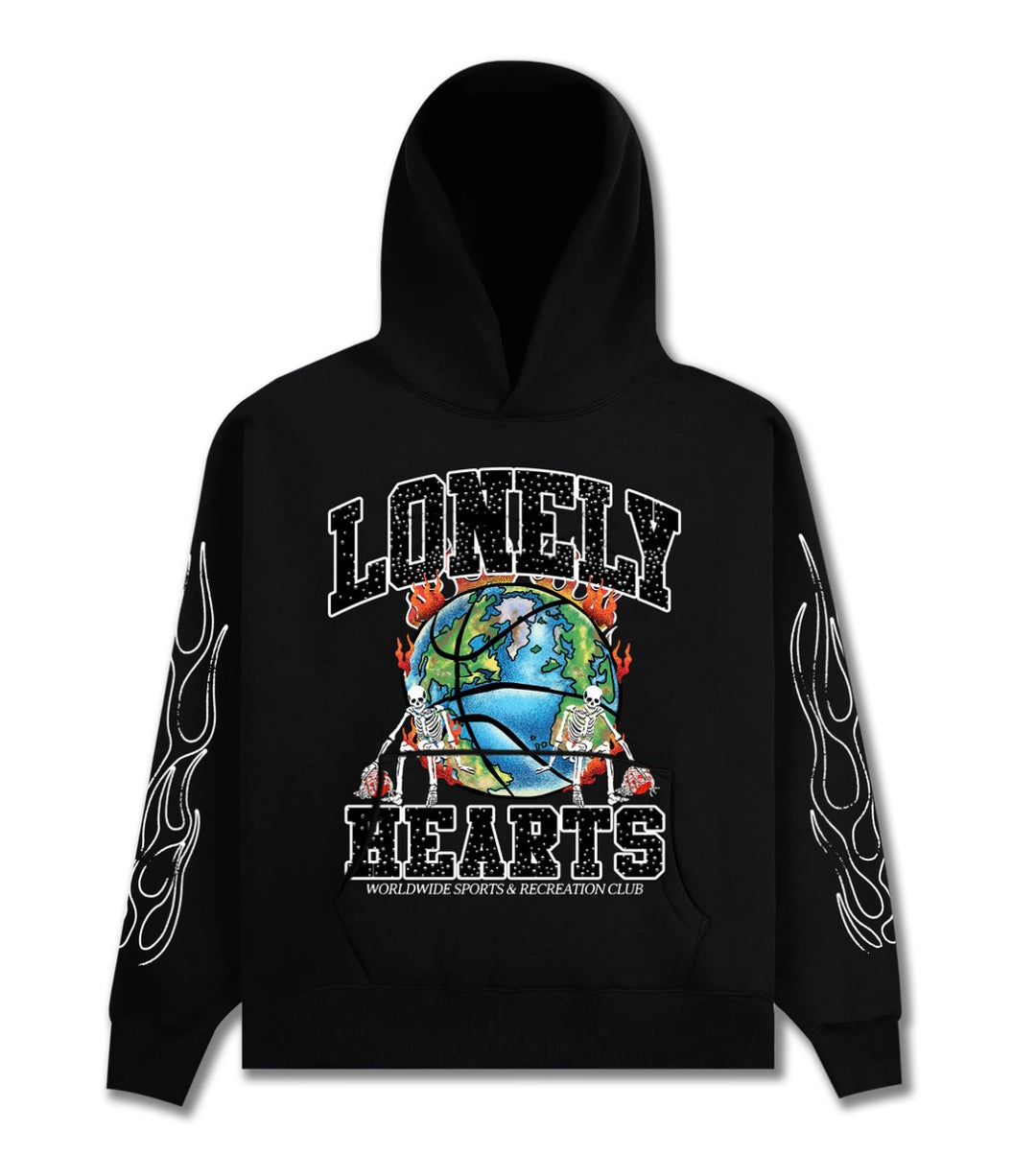 Black hoodie with 'Lonely Hearts' graphic design on a white background