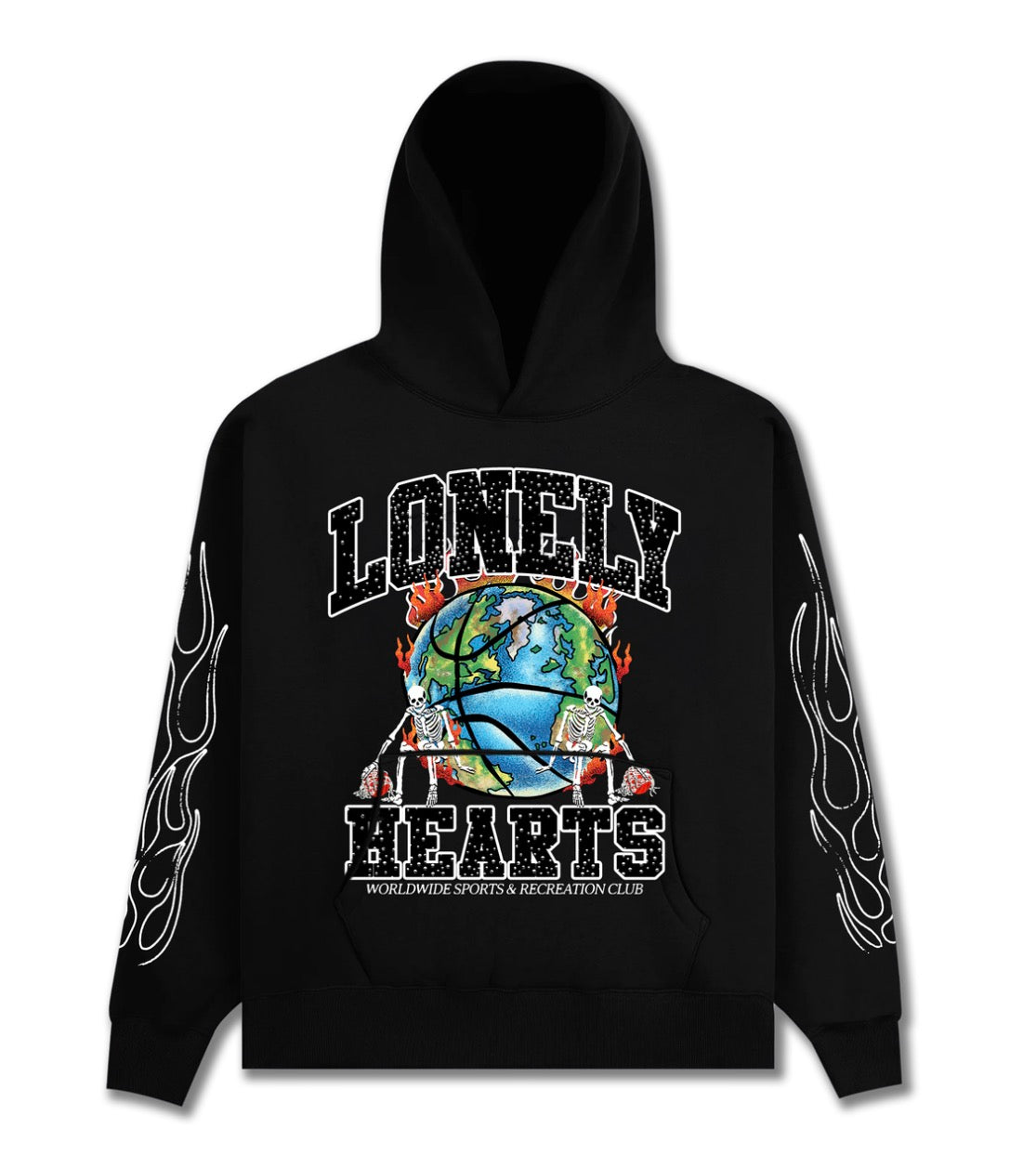 Black hoodie with 'Lonely Hearts' graphic design on a white background