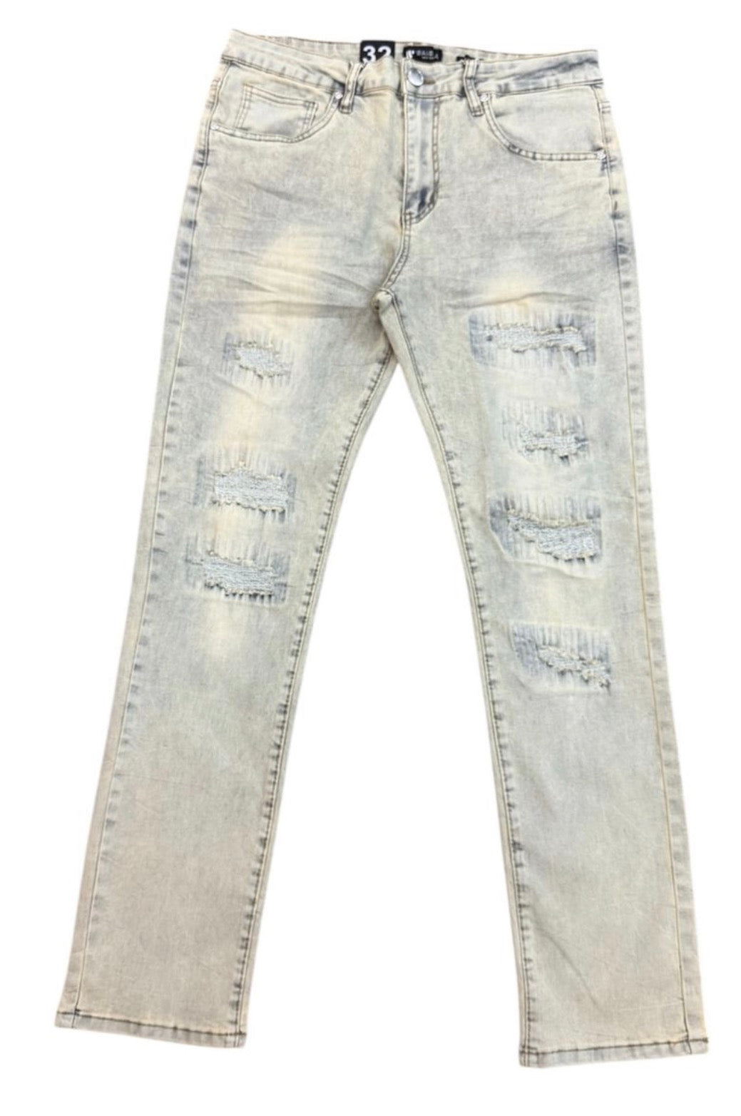 Light blue distressed jeans on a white background