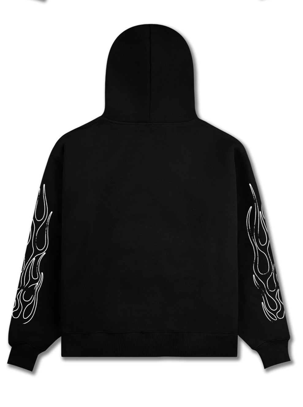 Black hoodie with white flame designs on sleeves against a white background