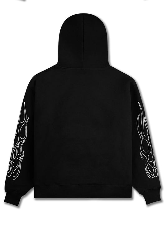 Black hoodie with white flame designs on sleeves against a white background
