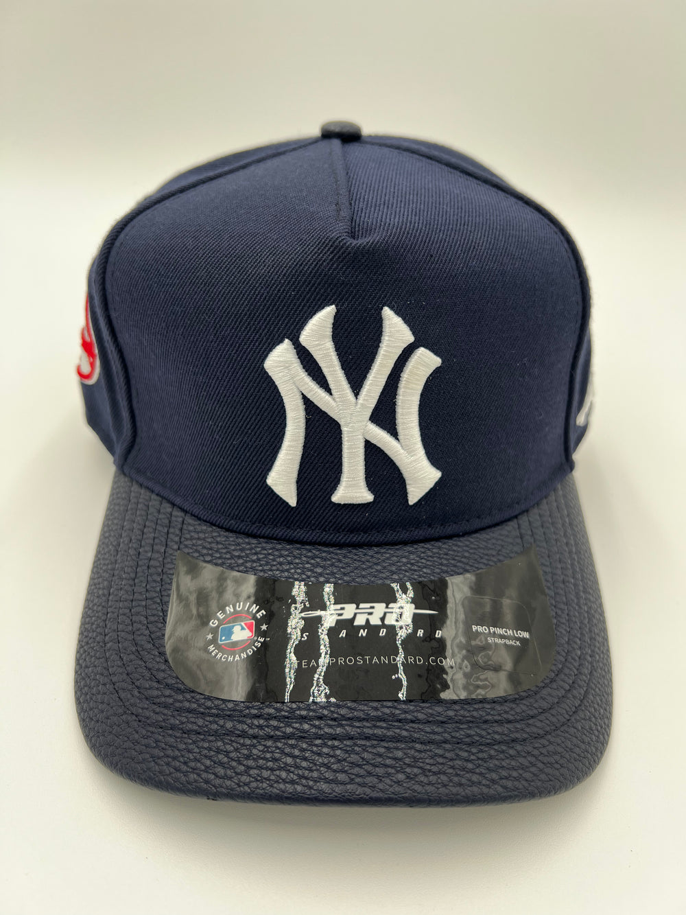 NY Yankees Pinched Leather Brim SnapBack Hat (Multiple Colors)
