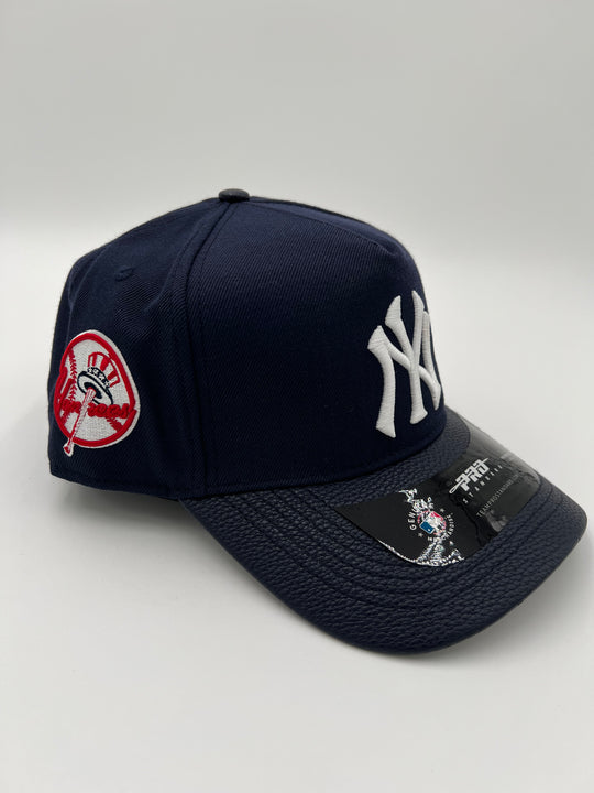 NY Yankees Pinched Leather Brim SnapBack Hat (Multiple Colors)
