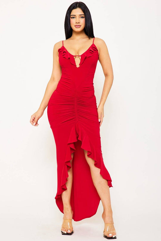 RUFFLE AND SHIRRING CENTER LONG DRESS