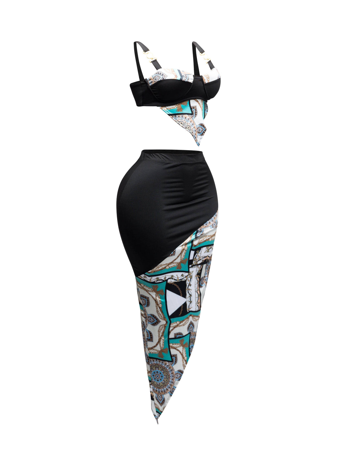 Contrast fabric top and asymmetrical skirt