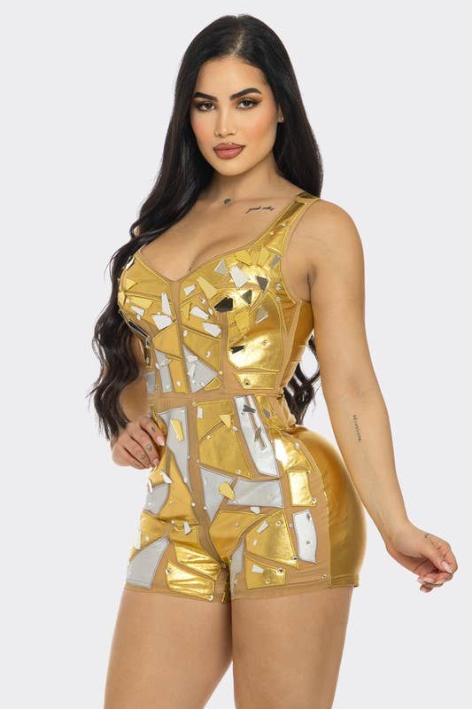 Metallic Mirror Rhinestone Patchwork Romper