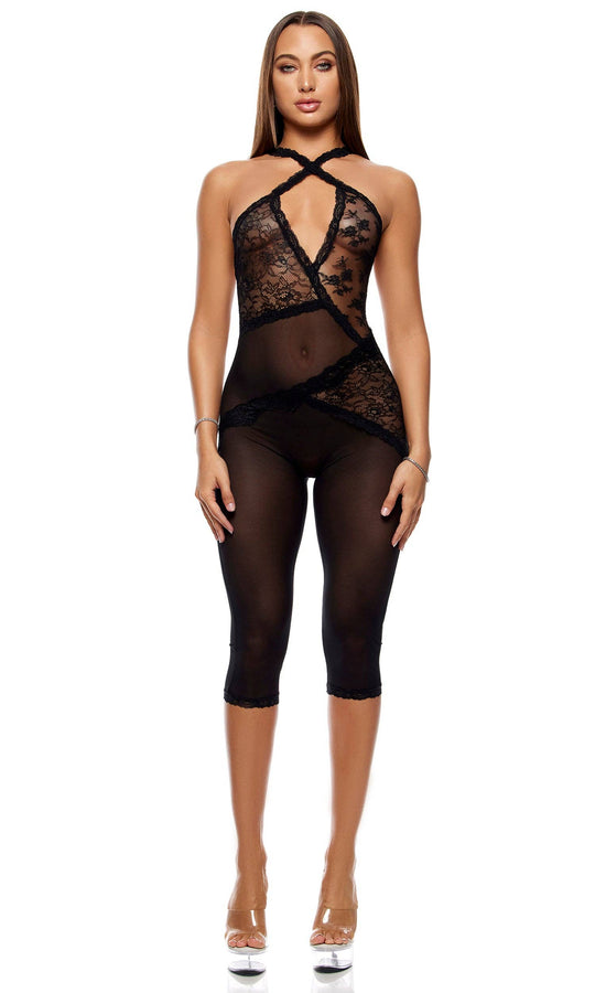 Patch of Petals Lace Capri Catsuit - Black