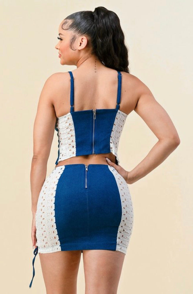 Blue jean and white lace up two piece skirt set back view