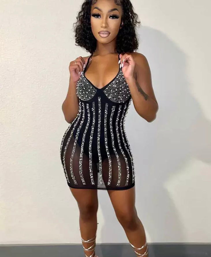 Black rhinestone pearl mini dress front view