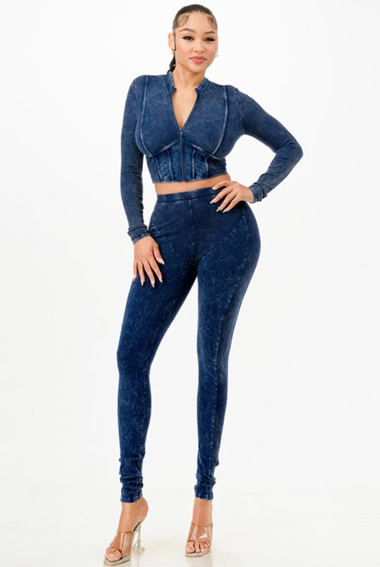 Mineral Wash Zip Up Crop Top Set