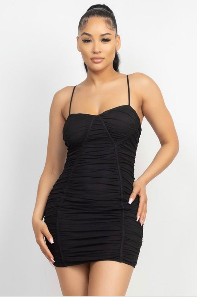 Black rippled spaghetti strap mini dress