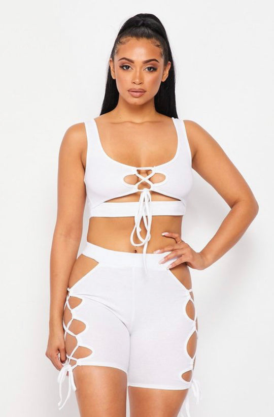 White lace up two piece set front view 