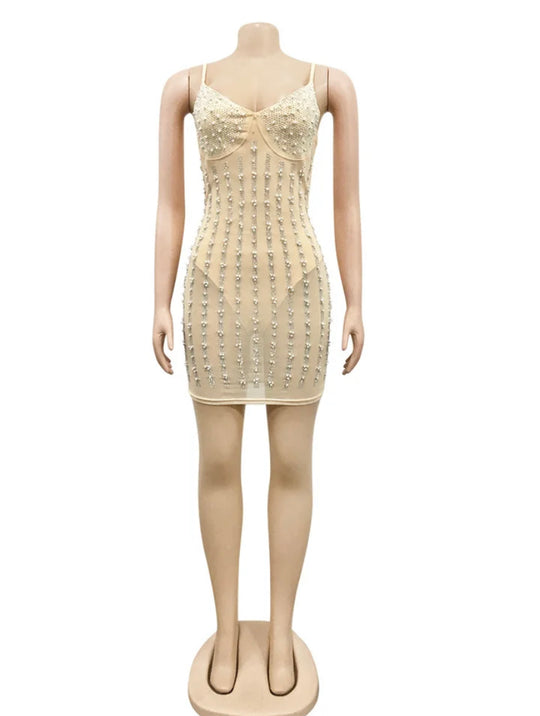 Nude rhinestone pearl mini dress front view 