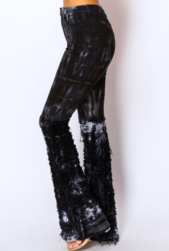 High Rise, Fringe, Black Tie-Dye Jeans